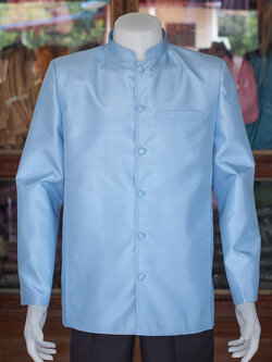 เสื้อผ้าไหมแพรทองคอพระราชทานแขนยาว สีฟ้าอ่อน ไซส์ XL