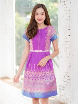 เดรสผ้าไหมลายไทย กระโปรงจีบทวิส ไซส์ XL