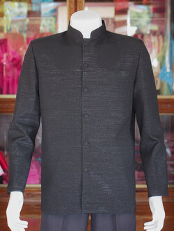 เสื้อผ้าฝ้ายแพรเงิน คอพระราชทานแขนยาว สีดำ ไซส์ 4XL