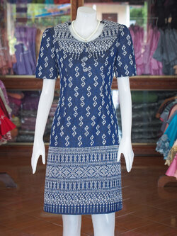 เดรสผ้าฝ้ายลายขอ สีกรมท่า ไซส์ 3XL