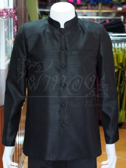 เสื้อผ้าไหมแพรทองคอพระราชทานแขนยาว สีดำ ไซส์ 2XL