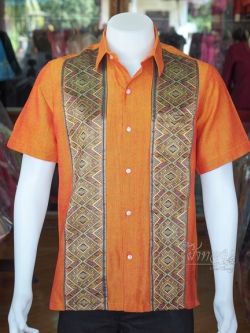 เสื้อเชิ้ตผ้าฝ้ายแต่งผ้าทอลายจก ไม่อัดผ้ากาว ไซส์ L