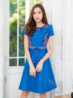 เดรสผ้าไหมแพรทอง แต่งผ้าทอลายมุก สีน้ำเงิน ไซส์ 3XL