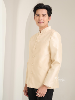 เสื้อผ้าไหมแพรทองคอพระราชทานแขนยาว สีครีม ไซส์ 4XL