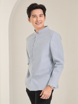 เสื้อผ้าฝ้ายแพรเงิน คอพระราชทานแขนยาว สีเทา ไซส์ XL