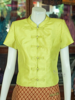 เสื้อผ้าไหมแพรทอง คอจีน สีเขียว ไซส์ 3XL
