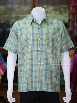 เสื้อเชิ้ตผ้าทอลายสก็อต ไม่อัดผ้ากาว สีเขียว-เหลือง ไซส์ 2XL