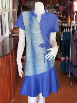 เดรสผ้าฝ้ายสุโขทัยแต่งผ้าหมากรุก ไซส์ M