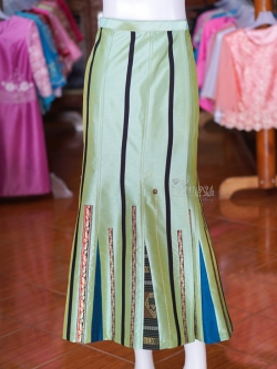 กระโปรงหางปลาผ้าไหมแพรทองแบบยาว อัดผ้ากาว ฟรีไซส์