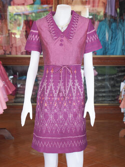 เดรสผ้าฝ้ายมัดหมี่ทอมือ สีม่วง ไซส์ 3XL
