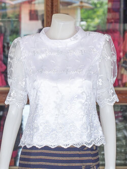 เสื้อลูกไม้ คอตั้ง สีขาว ไซส์ 3XL