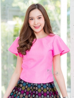 เสื้อผ้าฝ้ายสุโขทัยแต่งแขนระบาย สีชมพู ไซส์ M
