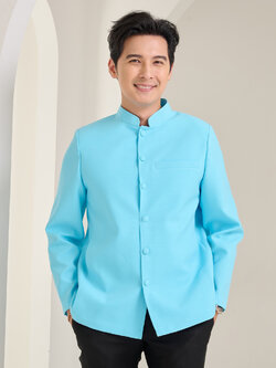 เสื้อผ้าฝ้ายแพรเงินคอพระราชทานแขนยาว สีฟ้า ไซส์ XL