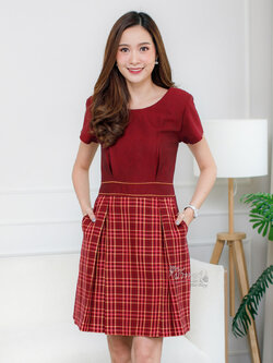 เดรสผ้าฝ้ายสุโขทัยแต่งผ้าทอลายสก็อต มีกระเป๋า ไซส์ M