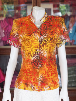 เสื้อผ้าบาติกคอจีน แขนสั้น สีส้ม ไซส์ L