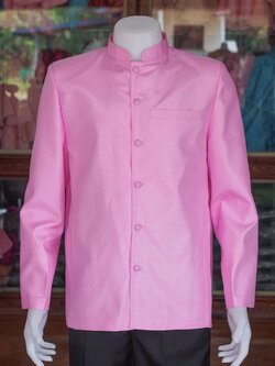 เสื้อผ้าไหมแพรทองคอพระราชทานแขนยาว สีชมพูกลีบบัว ไซส์ 4XL