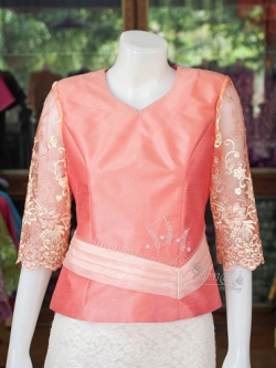 เสื้อผ้าไหมแพรทอง สีส้ม ไซส์ 3XL