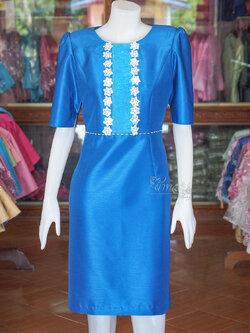 เดรสผ้าไหมแพรทองแต่งลูกไม้ สีน้ำเงิน ไซส์ 3XL