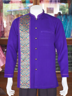 เสื้อผ้าฝ้ายสุโขทัยแต่งจก คอพระราชทานแขนยาว สีม่วงเข้ม ไซส์ S