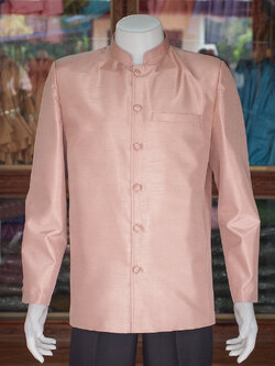 เสื้อผ้าไหมแพรทองคอพระราชทานแขนยาว สีนู้ด ไซส์ XL