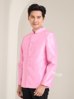 เสื้อผ้าไหมแพรทองคอพระราชทานแขนยาว สีชมพูอ่อน ไซส์ 3XL