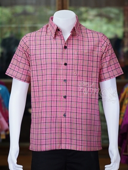 เสื้อเชิ้ตผ้าทอลายสก็อต ไม่อัดผ้ากาว สีบานเย็น-ดำ ไซส์ S