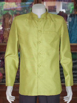 เสื้อผ้าไหมแพรทองคอพระราชทานแขนยาว สีเขียวตอง ไซส์ XL