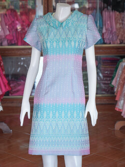 เดรสผ้าฝ้ายลายมัดหมี่ สีเขียว ไซส์ S