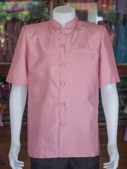 เสื้อผ้าไหมแพรทอง คอพระราชทาน สีชมพูกะปิ ไซส์ 4XL