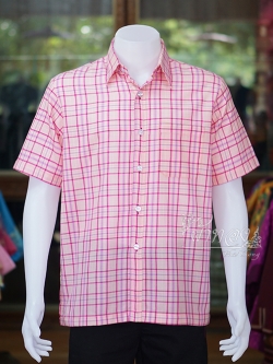 เสื้อเชิ้ตผ้าทอลายสก็อต ไม่อัดผ้ากาว สีชมพู ไซส์ S