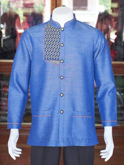เสื้อผ้าฝ้ายสุโขทัยลายสายฝน แต่งจกคอพระราชทานแขนยาว สีน้ำเงิน ไซส์ XL