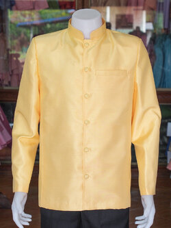 เสื้อผ้าไหมแพรทองคอพระราชทานแขนยาว สีเหลืองอ่อน ไซส์ XL