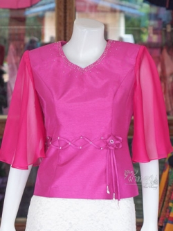 เสื้อผ้าไหมแพรทองแต่งแขนผ้าชีฟอง สีบานเย็น ไซส์ L