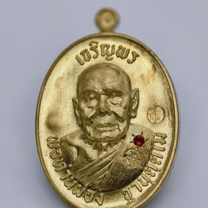 พ่อท่านผ่อง วัดแจ้ง จังหวัดพัทลุง เหรียญเจริญพร ฝังพลอยแดง AC1828