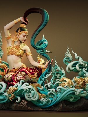 พระแม่ธรณี จัดสร้างโดย พุทธศิลป์ สร้างวัด ออกแบบลายเส้น อ.ฉัตรชัย เเผ่นผา