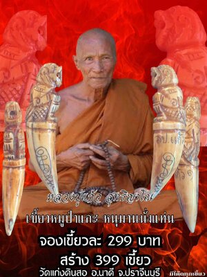 เขี้ยวหมูป่าแกะ หนุมานนั่งแทน หลวงปู่แก้ว วัดแก่งดินสอ จังหวัดปราจีนบุรี