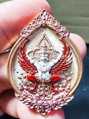 หลวงพ่อรวย วัดมาบตาพุด เหรียญพุทธคุณ พญาครุฑ ดวงเศรษฐี อัลปาก้า ลงยา (KP5947)